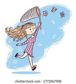 Cute girl want to catch butterflies illustration
