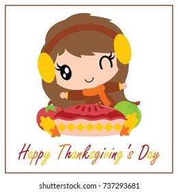 Cute girl want to eat apple pie cake vector cartoon illustration for thanksgiving's day card design, wallpaper and greeting card 