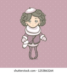 Cute girl in warm clothes vector illustration. Young woman with curly hair in stylish outfit in pink colors. Fashion cartoon character.