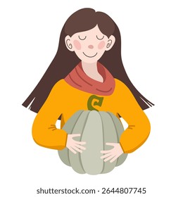 Cute girl in warm cozy clothes holding pumpkin in hands. Simple flat vector illustration of woman