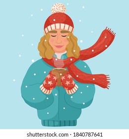 Cute girl in warm jacket with cup of hot drink. Happy winter holidays. Vector illustration.