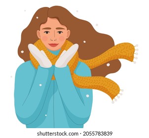 Cute girl in warm jacket, scarf and gloves. Happy winter holidays. Vector illustration.
