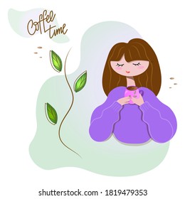 
Cute  girl in a warm sweater with a cup of coffee.
 A delicate pastel background is decorated with a plant branch and a subtle aroma of drink vapors.
Vector design for postcards, banners, flyers. 