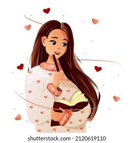 Una linda chica con un suéter cálido con una huella cardíaca, con un cuaderno y un bolígrafo en sus manos. El viento sopla de los corazones. Ilustración vectorial de dibujos animados