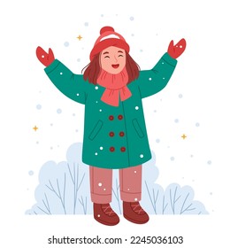 A cute girl in warm winter clothes is catching snow. Simple Hand drawn illustration.