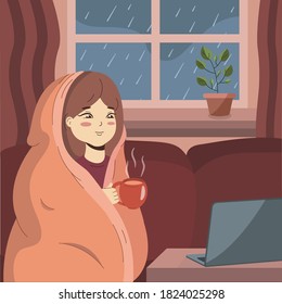 Cute girl warming up with blanket and cup of tea or coffee when it rains outside the window. Woman sits on couch and looking on laptop some movie or news. Autumn vector illustration.