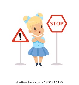 Cute Girl and Warning Road Signs, Traffic Education, Rules, Safety of Kids in Traffic Vector Illustration