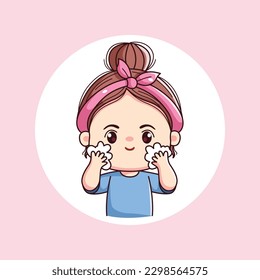 Cute girl wash face daily activity with pink headband kawaii chibi flat character