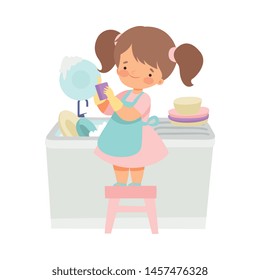 Cute Girl Washing Dishes, Adorable Kid Doing Housework Chores at Home Vector Illustration