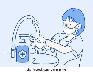 Cute girl washing hands with soap, hand sanitizer antibacterial. Infection control concept. Hand drawn in thin line style, vector illustrations.