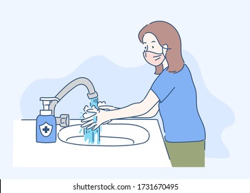 Cute Girl Washing Hands With Soap, Hand Sanitizer Antibacterial. Infection Control Concept. Hand Drawn In Thin Line Style, Vector Illustrations.