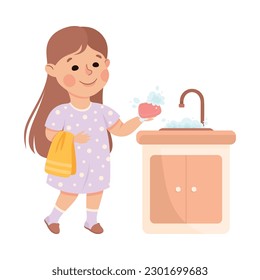 Cute girl washing her hands with soap. Happy kid doing everyday hygiene activities cartoon vector illustration