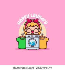 Cute Girl with Washing Machine Mascot for Laundry Logo