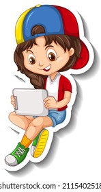 Cute girl watching on tablet cartoon character illustration