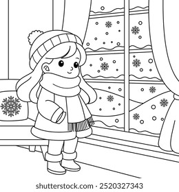 Menina bonita vendo a neve cair através da janela coloração página. Ilustração de Natal e inverno