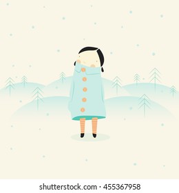 Cute girl watching the snow at winter illustration. 