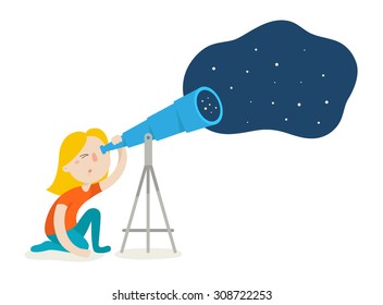 Cute girl watching through telescope on night starry sky. Flat design vector illustration isolated on white background