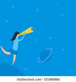 Cute girl watching through telescope on night starry sky. Flat design vector illustration isolated on white background