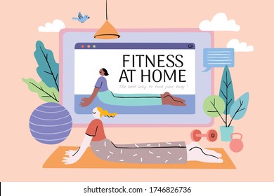 Cute Girl Watching Yoga Tutorial Video On Screen And Doing Workout At Home, In Flat Style