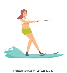 Cute girl water skiing icon cartoon vector. Beach activity. Sea swim