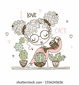 Cute girl is watering the cacti in pots. Vector.