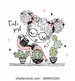 Cute girl is watering the cacti in pots. Vector.