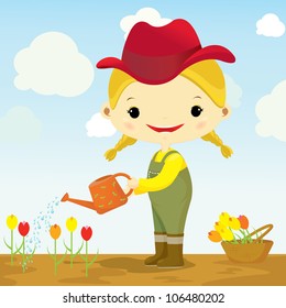 cute girl watering flower