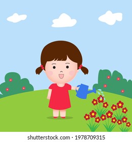 Cute Girl Watering Flower Illustration Vector.
