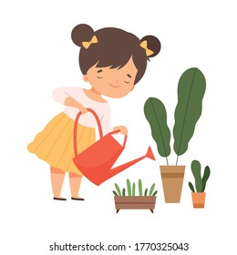 Cute Girl Watering Houseplants, Kids Hobby or Creative Activity Cartoon Vector Illustration