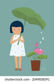 a cute girl watering pink flower plant, green, dress, tiny tree pot