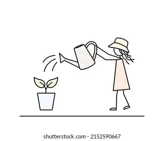 cute girl is watering the plant, environment care, day of earth, save the nature, child works in the garden, gardening black line pencil drawn vector illustration