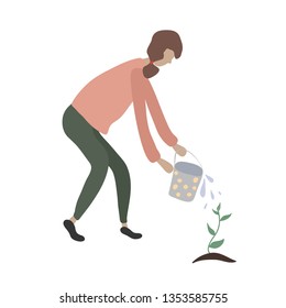 Cute girl watering plant. Young adult woman with bucket of water. Doing spring, summer garden job: planting, growing, transplant sprouts. Female character. Vector illustration. Flat cartoon style