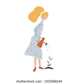 Cute girl watering plant. Young adult woman with watering can. Doing spring, summer garden job: planting, growing, transplant sprouts. Female character. Vector illustration. Flat cartoon style