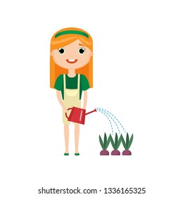 Cute girl watering plants isolated against white background