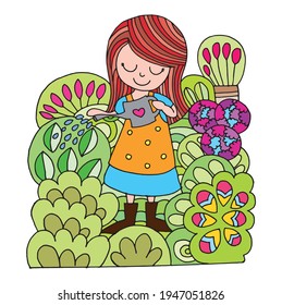 Cute girl is watering the plants. Vector illustration. Little girl water in the flower garden.