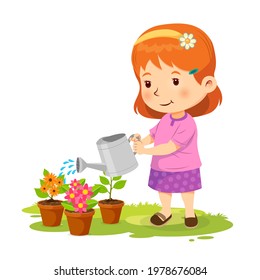 Cute girl watering the plants. Vector illustration