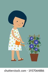 a cute girl watering purple flower plant, green, dress, tiny tree pot