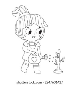 Cute girl watering tree. Earth day coloring page for children. A kid planting a tree. Kawaii cartoon character. Save the planet. Zero waste. Coloring book. Black and white vector illustration.