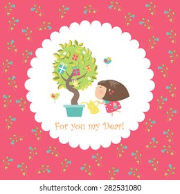 Cute girl watering tree. Vector greeting card