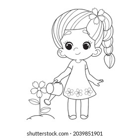 Cute girl watering a tree,cartoon,vector illustration isolated on white background,coloring book pages