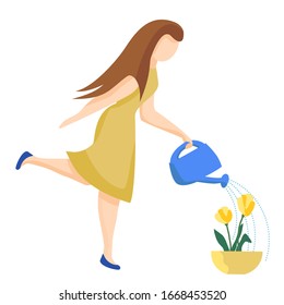 cute girl is watering tulips. flat cartoon trendy illustration. faceless character