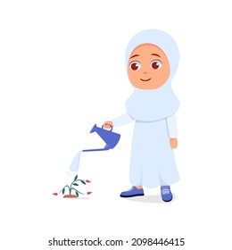 Cute girl watering withered flowers