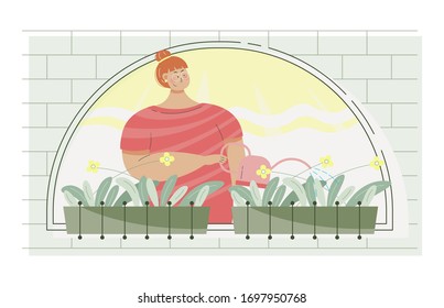 Cute girl waters flowers with watering can on the balcony. Woman near a window. Home insulation. Stay home lifestyle. Quarantine pandemic coronavirus. Flat vector illustration.