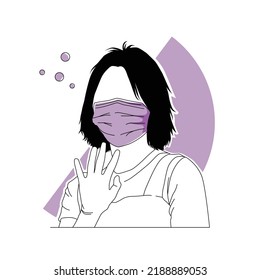 cute girl wave with mask line art illustration