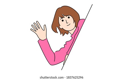 Cute girl waving hand. Vector line art color illustration