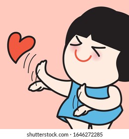 Cute Girl Waving Hands With Heart Feeling Shy. Valentine Day Concept Card Character illustration