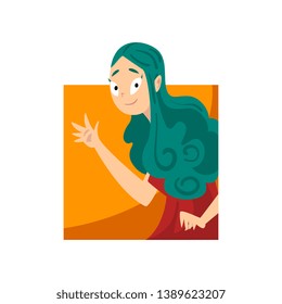 Cute Girl Waving Her Hand while Looking Out Square Shape Cartoon Vector Illustration