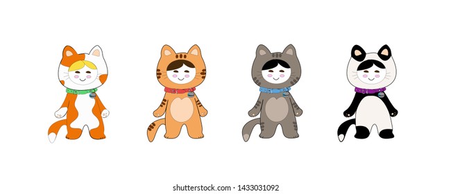 Cute girl wear animal costume.Vector cartoon of  kawaii girls in animal costumes set.