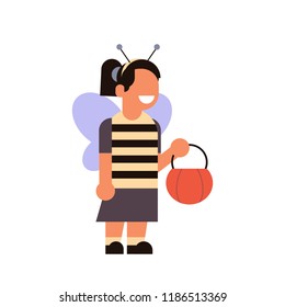 cute girl wear bee costume happy halloween concept party celebration isolated flat cartoon character isolated full length vector illustration