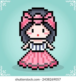 Cute girl wear dress with headband in 8 bit pixel art for game assets, sticker or cross stitch pattern in vector illustration